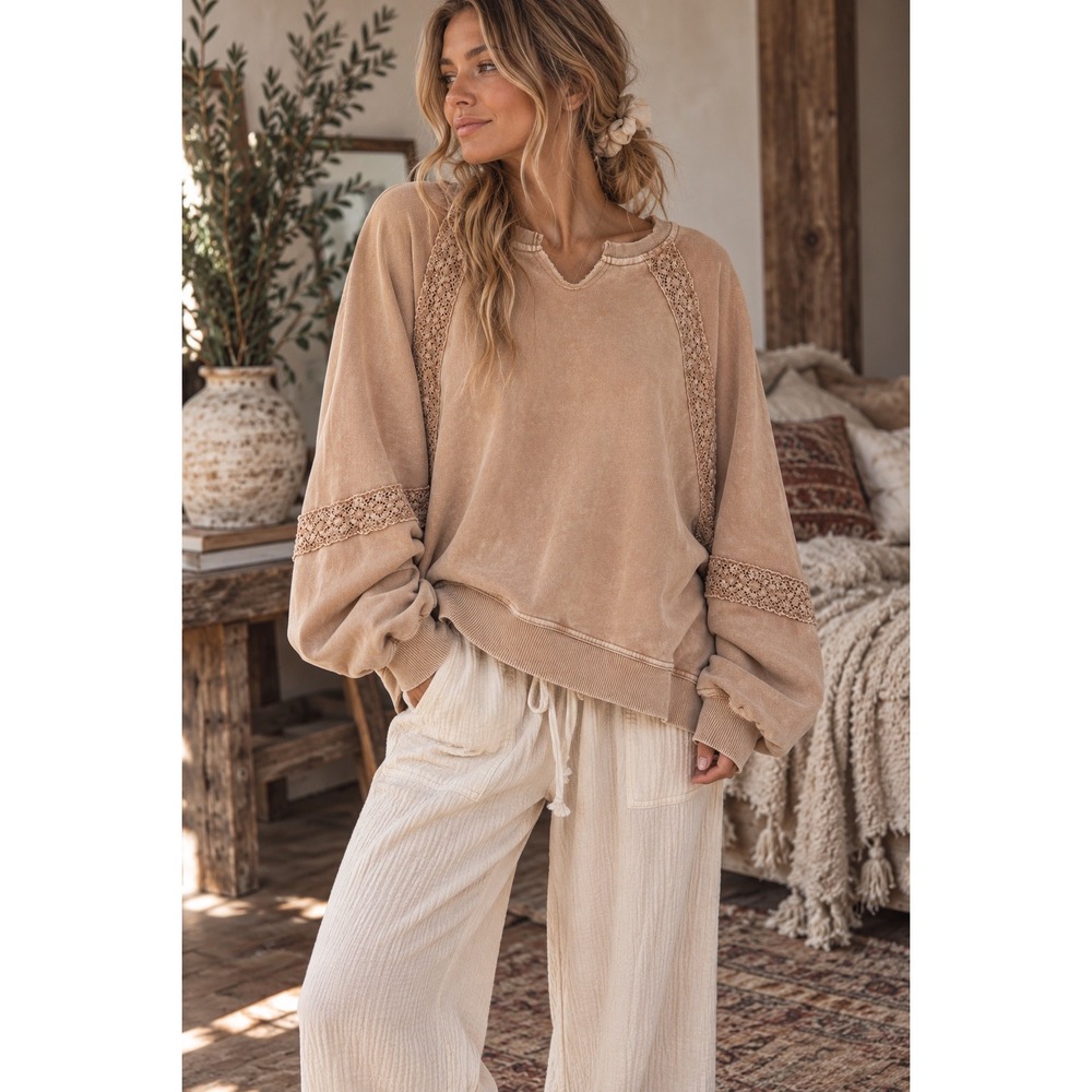 Aerie Tan Acid Wash Crochet Lace Trim Sweatshirt Oversized Medium